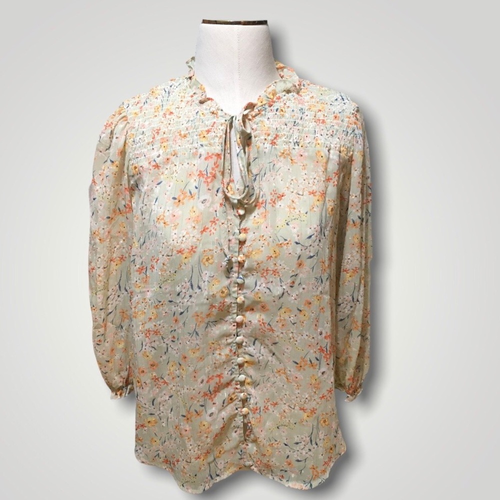 MINE Womens Floral Print Casual Sheer Blouse Large